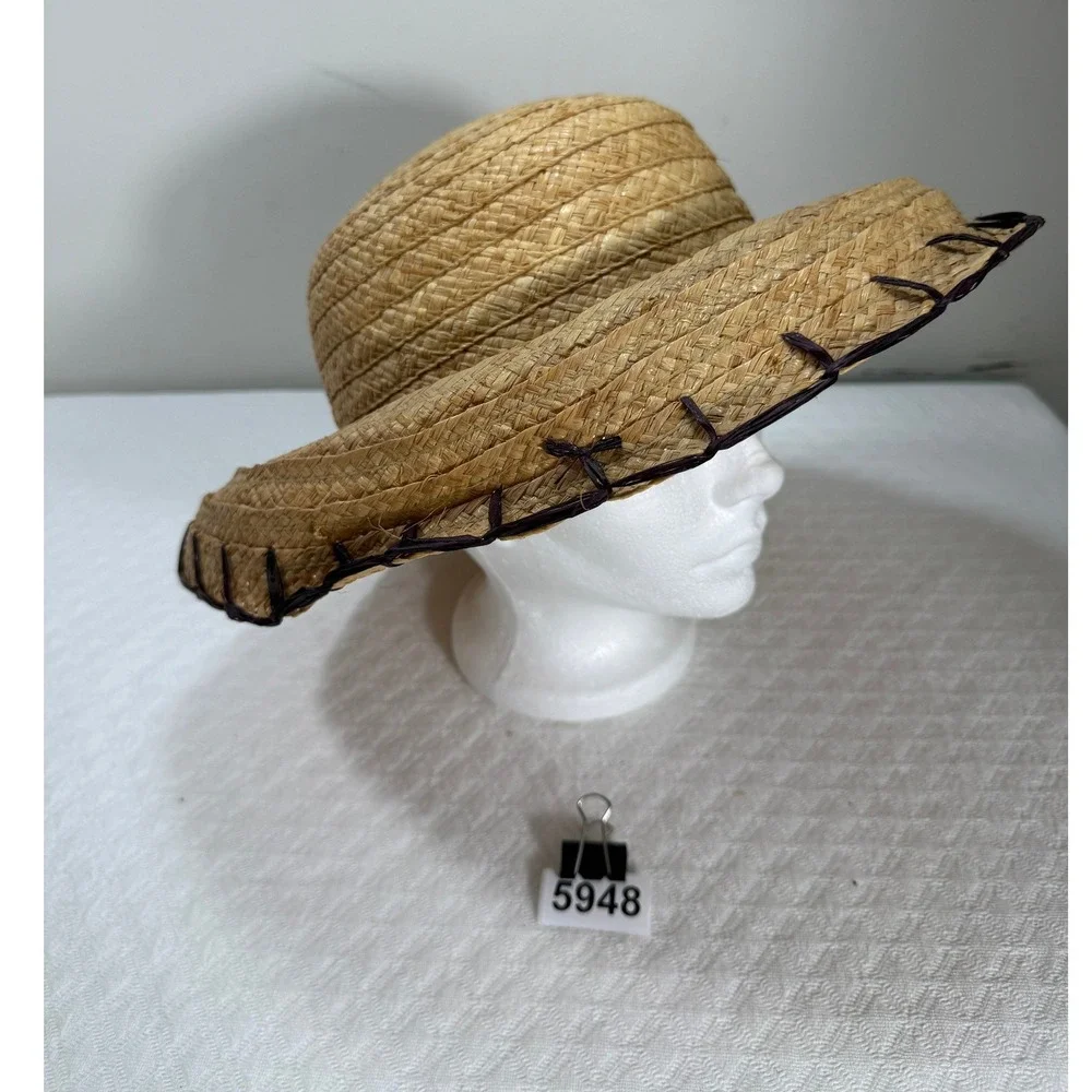 Liz Claiborne Women Natural Straw Sun Hat Wide Brim Whipstitch Detail Tan Brown